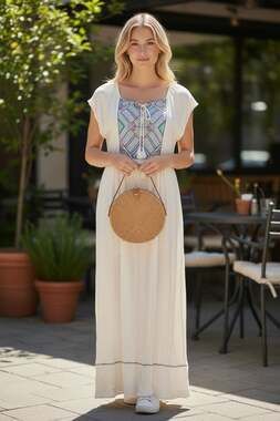 Magic Gauze Boho Embroidered Tassel Maxi Dress Natural Size M